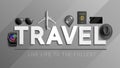 Travel vector concept design. Travel live life to the fullest in 3d text with tour elements like camera, passport and phone.