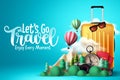 Travel vector design. Let`s go travel text with traveler elements like luggage, passport, compass and camera