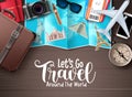 Travel vector design. Let`s go travel around the world text in wood space background