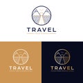 Travel vector logo design. Mountains, sea and road logotype. Royalty Free Stock Photo