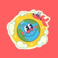 Travel Vector Retro Sticker, Pin, Stamp, Patch. Cartoon airplane flying around the Earth. Royalty Free Stock Photo