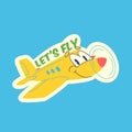 Travel Vector Retro Sticker, Pin, Stamp, Patch. Cartoon airplane flying through the sky. Royalty Free Stock Photo