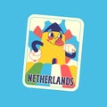 Travel Vector Retro Sticker, Pin, Stamp, Patch. A cartoon netherlands windmill is sniffing a tulip. A field with tulips.