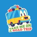 Travel Vector Retro Sticker, Pin, Stamp, Patch. Cartoon Van with suitcases smiles. Royalty Free Stock Photo