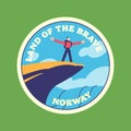 Travel Vector Retro Sticker, Pin, Stamp, Patch. A man stands on the edge of Trolltunga in Norway.