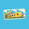 Travel Vector Retro Sticker, Pin, Stamp, Patch. A smiling train leaves the tunnel.