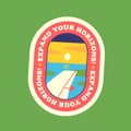 Travel Vector Retro Sticker, Pin, Stamp, Patch. View from the plane window of a beautiful sunset over the sea. Royalty Free Stock Photo
