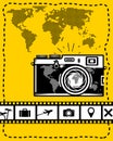 Travel vector set of camera, map and travel icons on yellow Royalty Free Stock Photo