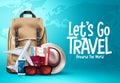 Travel vector template design. Let`s go travel around the world text in blue map background