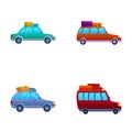 Travel vehicle icons set cartoon vector. Van for summertime road trip