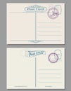 Travel vintage blank postcard with rubber stamps. Vector template Royalty Free Stock Photo