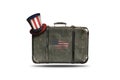 Travel Vintage Leather Suitcase With Uncle Sam`s Hat and American Flag in Shape Of Country Map. Happy 4th of July Independence Da Royalty Free Stock Photo