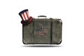 Travel Vintage Leather Suitcase With Uncle Sam`s Hat and American Flag in Shape Of Star. Happy 4th of July Independence Day Unite Royalty Free Stock Photo