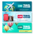 Travel voucher template vector set. Travel and tour gift voucher collection promo