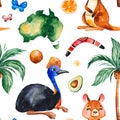 Travel watercolor seamless pattern with Australian animals,fruits,butterflies Royalty Free Stock Photo