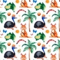 Travel watercolor seamless pattern with Australian animals,fruits,butterflies Royalty Free Stock Photo