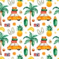 Travel watercolor seamless pattern with palm tree,yellow car,suitcase,pineapple