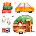 Travel watercolor set with yellow car, camera, flip flop