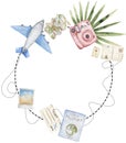 Travel watercolor wreath with airplane, camera, map, postcard, tropical eucalyptus leaves