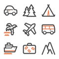 Travel web icons, orange and gray contour series