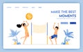 Travel website with the theme of make the best moment at holiday. couple enjoying holidays by playing beach volleyball. Vector