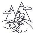 Travel winter,skier skiing in high mountains vector line icon, sign, illustration on background, editable strokes