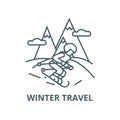 Travel winter,skier skiing in vector line icon, linear concept, outline sign, symbol