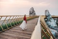 Travel woman at Golden Bridge in Ba Na Hills ,Danang Vietnam Royalty Free Stock Photo