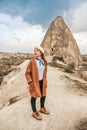 Travel woman with Landscape of Goreme fairy chimneys , Cappadocia. Nevsehir Province. Turkey Royalty Free Stock Photo