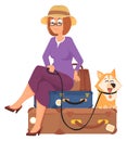 Travel woman wait sitting on lugagge with cute dog