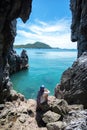 Travel women in a cave near the sea in Keo Sichang, Royalty Free Stock Photo