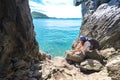 Travel women in a cave near the sea in Keo Sichang Royalty Free Stock Photo