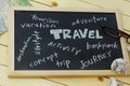 Travel words cloud written on black board with maps,spectacles and crumpled paper.