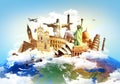 Travel the world concept, different monuments on a globe Royalty Free Stock Photo