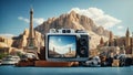 Travel, world landmarks on the background of blue sky. Ai Generated Royalty Free Stock Photo