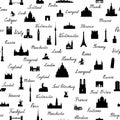 Travel world landmarks tile pattern. Travel sight icon set