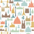 Travel world landmarks tile pattern. Travel sight icon set