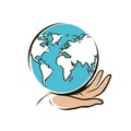 Travel, world logo or label. Hand carefully keeps globe. Vector illustration