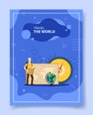 travel the world men standing nearby world map compass globe for template of banners, flyer, books cover, magazines
