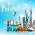 Travel the world monuments concept on blue skyline background Royalty Free Stock Photo