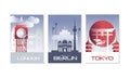 Travel the World Poster with London, Berlin and Tokyo City View Vector Set