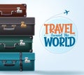 Travel world text vector template design. Travelers luggage, suitcase and briefcase elements