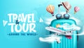 Travel worldwide vector background design. Travel and tour typography text with 3d luggage bag and airplane elements.