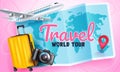 Travel worldwide vector concept design. Travel world tour text in map background with luggage and airplane elements