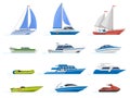 Travel yacht and powerboat. Cruise boats, luxury yacht steamer and speed boat, transportation for ocean water isolated vector Royalty Free Stock Photo