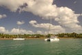 travel yacht in seaside harbour. photo of harbour with travel yacht docked.