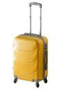 Travel yellow suitcase on wheels isolated on white background. Baggage handle case. Royalty Free Stock Photo