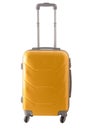 Travel yellow suitcase on wheels isolated on white background. Baggage handle case. Royalty Free Stock Photo