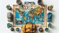 Traveler accessories and items top view on world map background. Travel and summer holiday concept Royalty Free Stock Photo