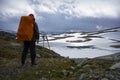 Traveler with a backpack admires the beauty of a lake in Norway in summer